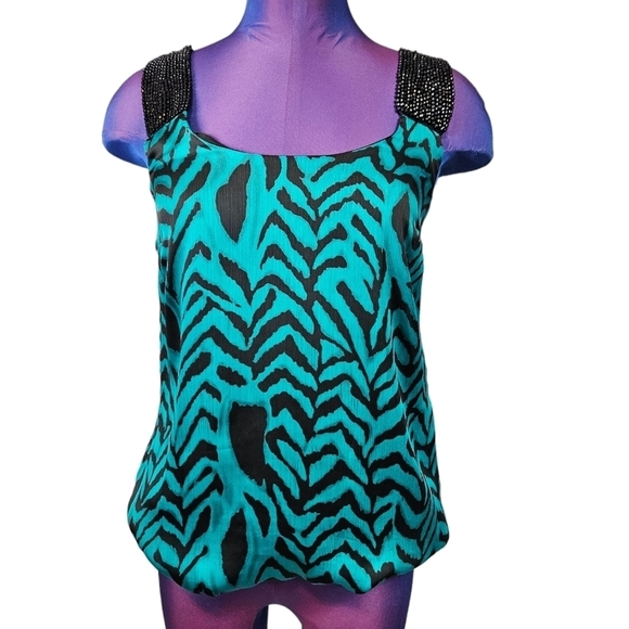 Charlotte Russe Emerald Green‎ & Black Tiger Print Beaded Top Women's Small M38 - Picture 1 of 9